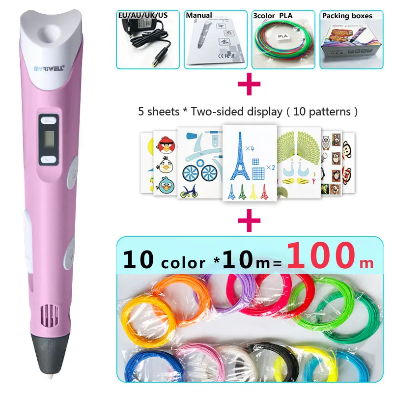 Pink pen Package 3 Myriwell 3d Ручка 3d ручки, светодиодный дисплей, ABS/PLA нити, подарки для детей зарядка через USB, 3 d Ручка 3d модели Smart 3d печать pen-3d Волшебное перо - Цвет: Pink pen Package 3