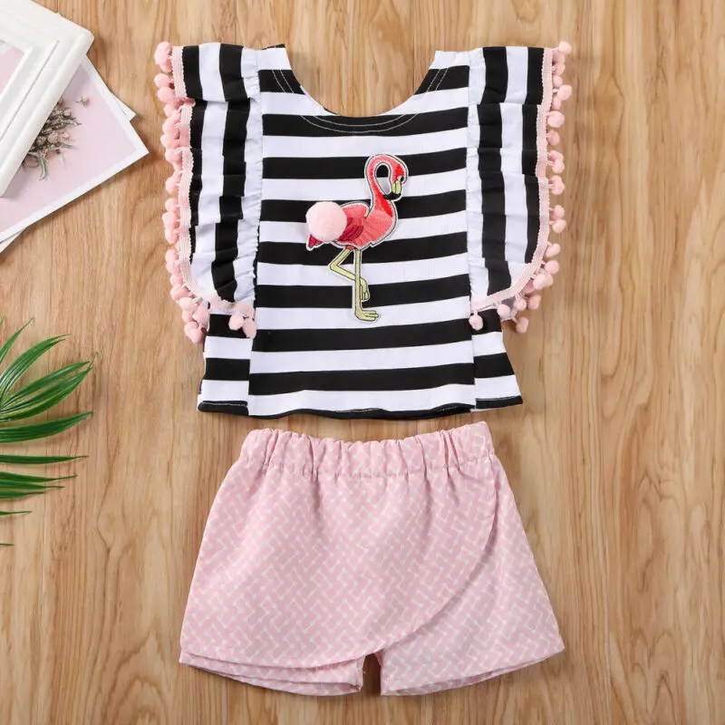 Cute Summer Baby Kids Girl Flamingo Print Stripe T shirt Tops+Shorts Pants 2PCS Outfit Clothes Set | Детская одежда и обувь