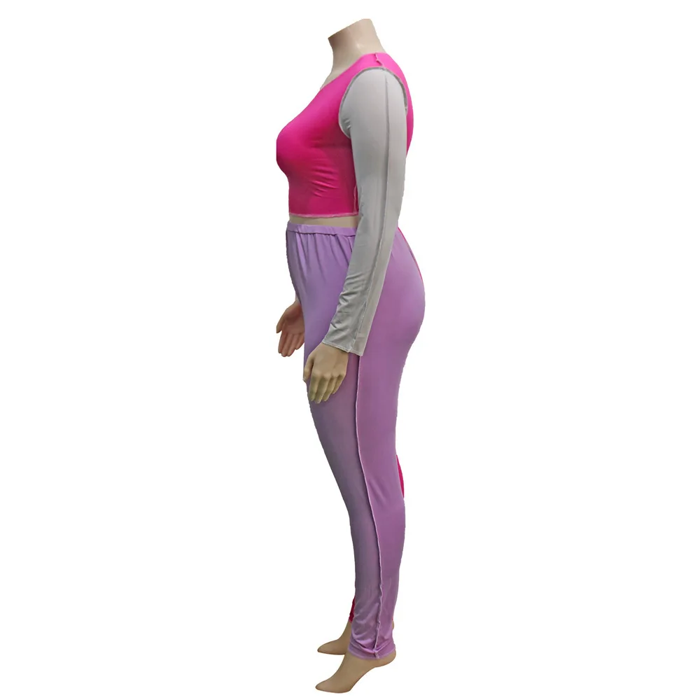 

Women Tracksuit Contrast Color Spliced Plus Size Female Long Sleeve Skinny Crop Top and Slim Fit Legging Casual 2 Piece Outfits