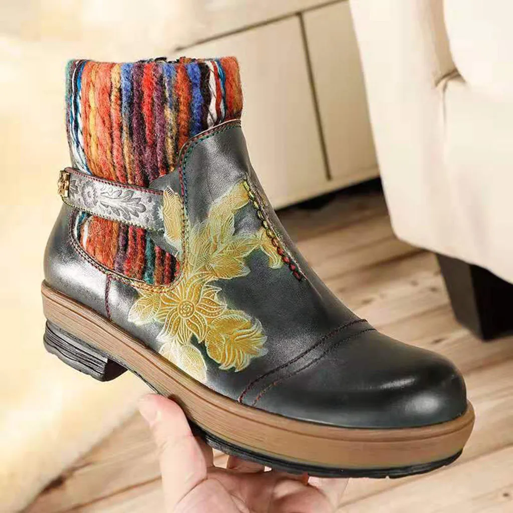 Retro Women's Embroidery Style Ankle Boots Round Toe Shoes Ladies Side Zipper Floral Short Woman Square Med-Heeled Bootie | Обувь