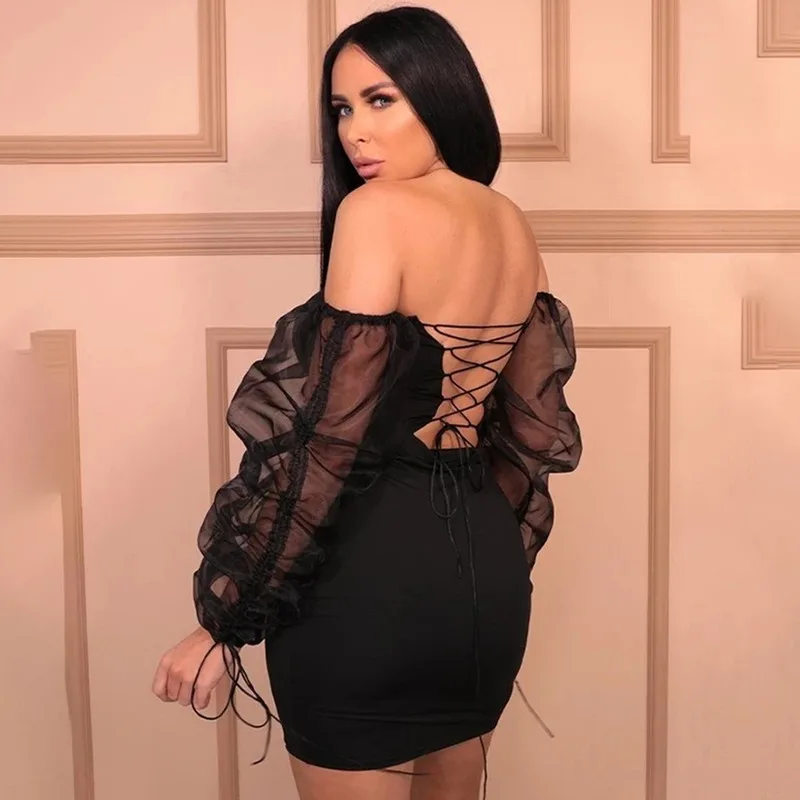 

2021 new European and American women's sexy backpack hip skirt Slim lace sexy pleated gauze net bubble sleeve dress summer