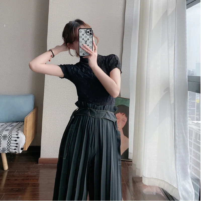 

Pleated Top Women's High Neck Short Sleeve 2020 Summer Temperament Bottoming Shirt