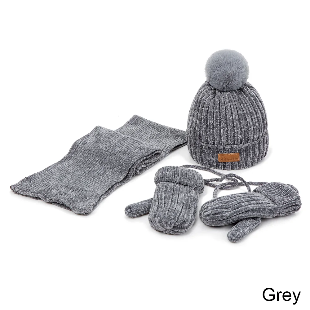 grey REAKIDS/зимняя шапка для маленьких мальчиков и девочек, шарф, перчатки, костюм, плотная теплая мягкая уличная шапка с помпоном, однотонная хлопковая шапка, шарф, перчатки - Цвет: grey