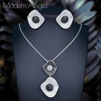 modemangel delicate luxury flower leaf 2pcs necklace earring sets for women accessories full cubic zirconia earrings jewelry