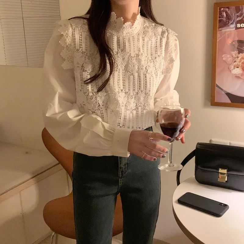 

Alien Kitty 2021 Spring Vintage Stand-Up Collar Lace Women's Shirt Temperament Simplicity Blouse White High Quality Lady Tops