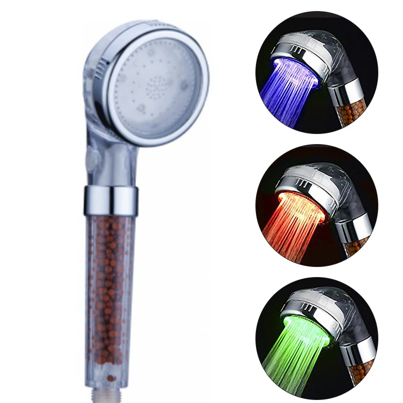 

3 Colors LED Light Shower Head Temperature Sensor Light Water Powered Shower Head Filter Sprinkler Bathroom Bath Fixture