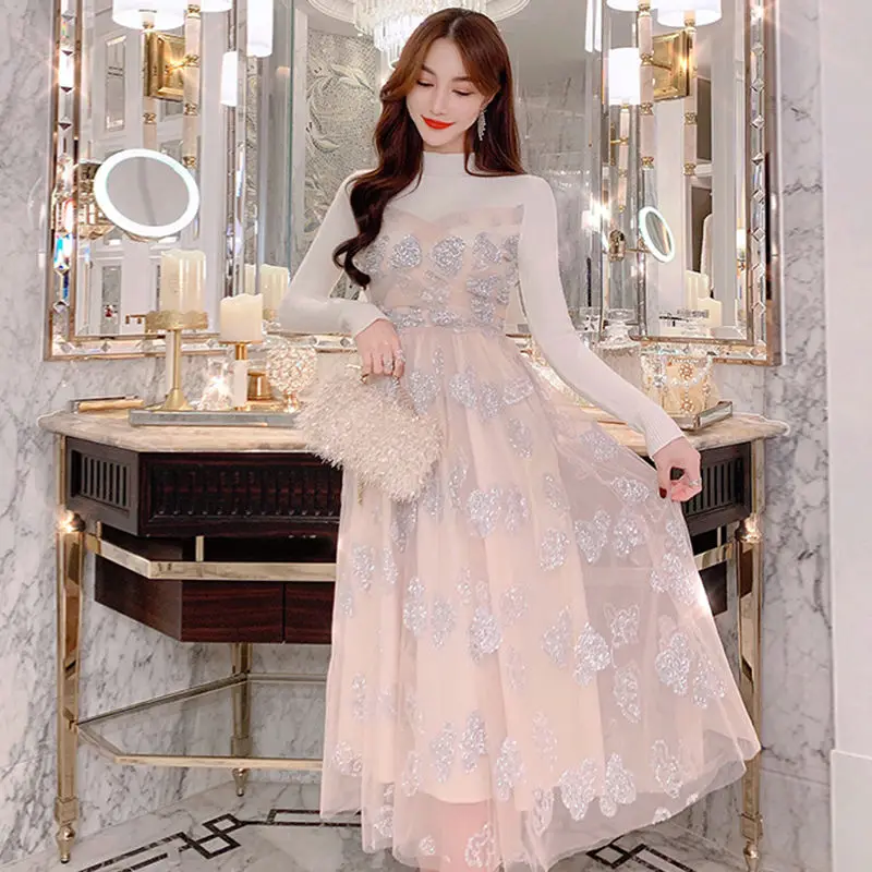 

Women Mesh Dress 2021 Spring Autumn New Fashion Temperament Turtleneck Sequin Mesh Stitching Elegant Long-sleeved Dresses Y544