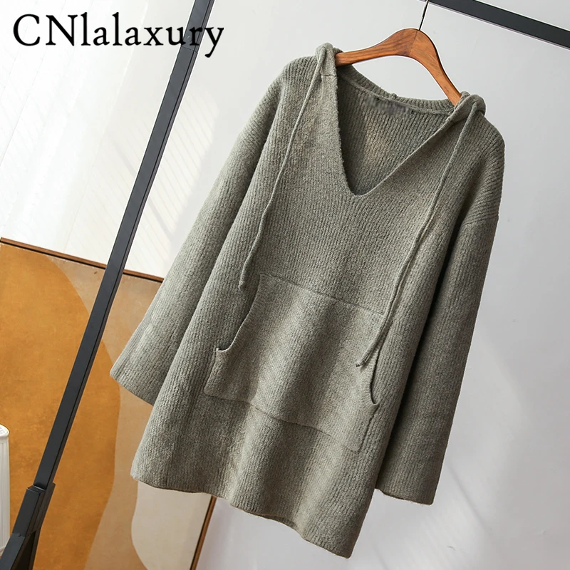 

New Autumn Winter Women's Clothing Hooded knit Sweater Long Sleeve V-neck Kangaroo Pocket patch Pocket Side slits at Hem Sweater