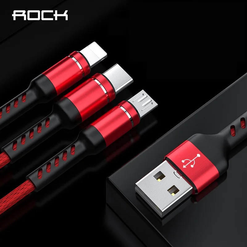 Кабель ROCK 3 в 1 USB для iPhone XS X 8 7 6s Зарядный Type C Micro Android кабели мобильных