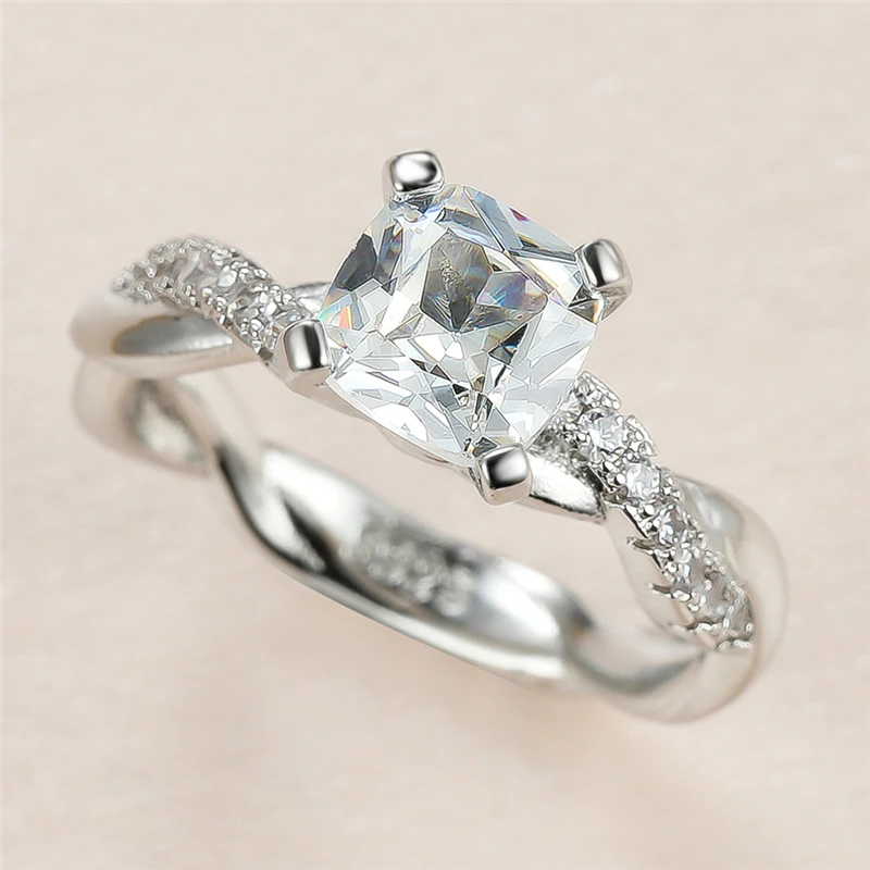 

Dainty Female White Crystal Stone Ring Charm Silver Color Thin Wedding Rings For Women Cute Bride Square Zircon Engagement Ring