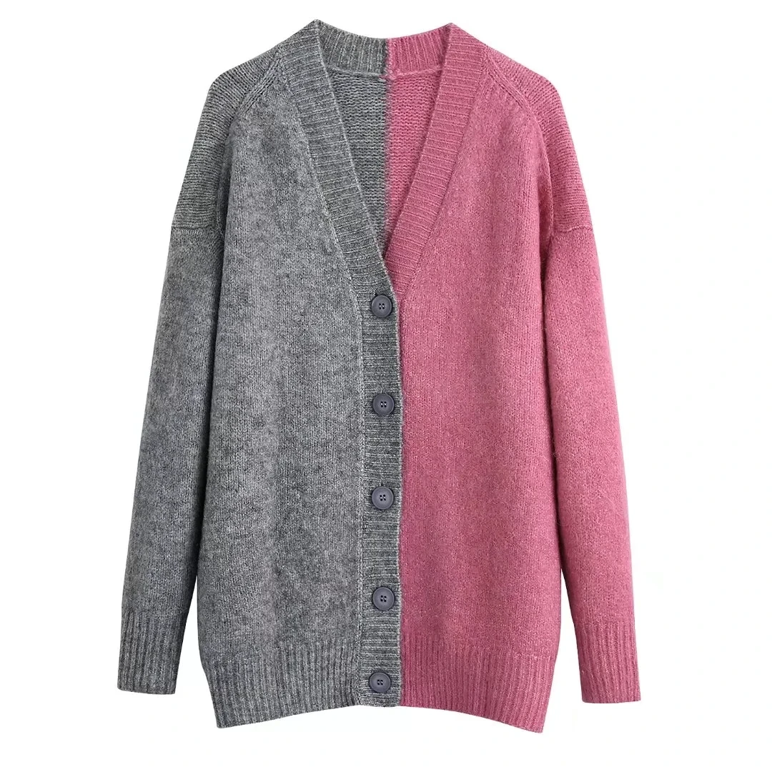 

Xitimeao Women 2021 Fashion Loose Patchwork Knit Cardigan Sweater Vintage V Neck Long Sleeve Outerwear Chic Tops