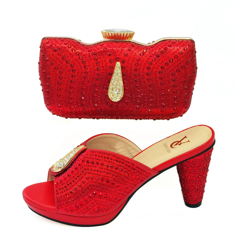 

Ladies Shoes And Bag Set Red Color Italian Shoes With Matching Bags Set Shiny faux rhinestones decorate shoes and Bag