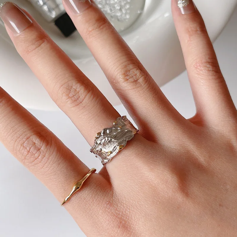 Silvology 925 Sterling Silver Irregular Lava Wide Rings for Women Gold Color Texture Retro Korea Rings Fashion Designer Jewelry