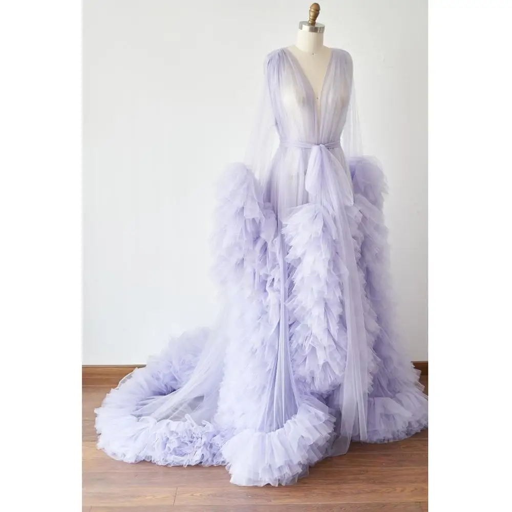 

2021 Real Image High Quality Ruffles Tulle Long Robe Women Dresses Summer To Maternity Photoshoot Full Puffy Sleeves Prom Gowns