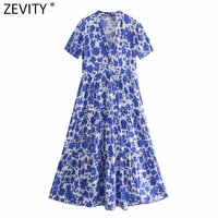 zevity women vintage v neck blue floral print pleats midi shirt dress female chic single breasted casual slim vestidos ds8616