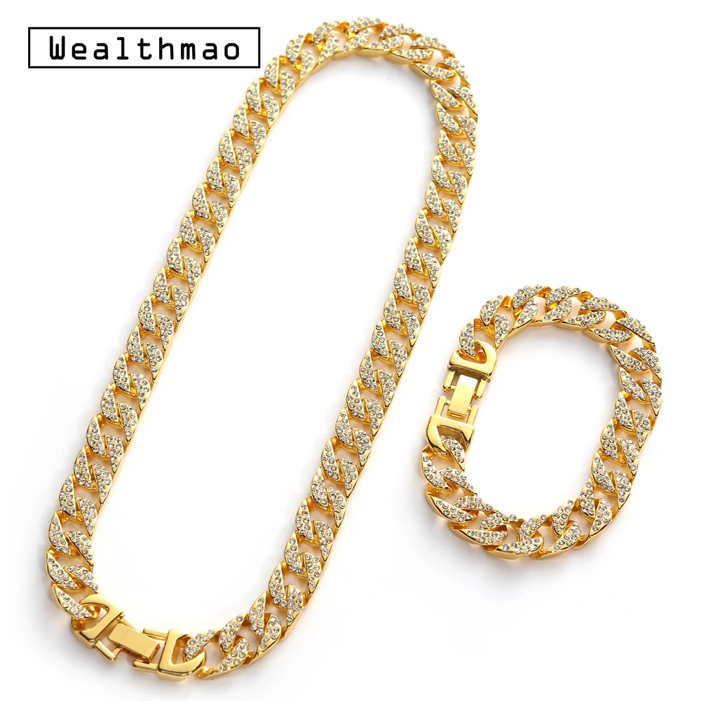 Для мужчин хип хоп Iced Out Bling Полный Rhinstones цепи Золото Серебро длинные CZ цепочки и ожерелья Майами, кубинская сеть Соединенные ожерелья браслет ювелирные изделия