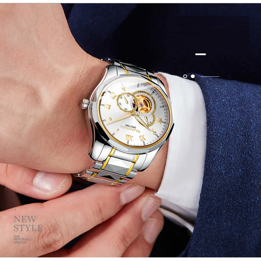 GUANQIN Japan MIYOTA Quartz Movement Automatic Mechanical Watch Men Luxury Tungsten Steel Push Button Hidden Clasp Male Clock