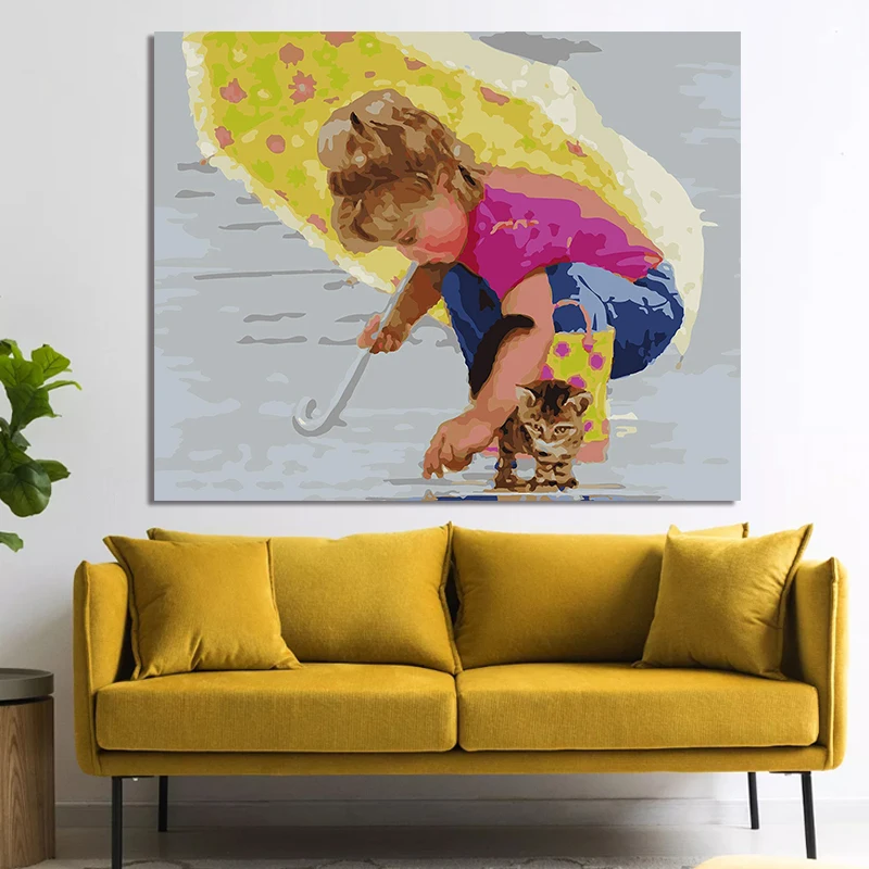Diy digital painting creative little girl and small animal hand-painted decompression decorative | Дом и сад