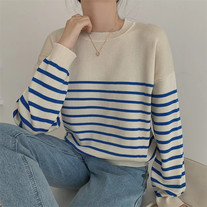 

Women's Round Neck Sweaters Long Sleeve Loose French Style Ladies Stripe Casual Knitting Tops 2021 Spring Autumn Fashion Jumpers