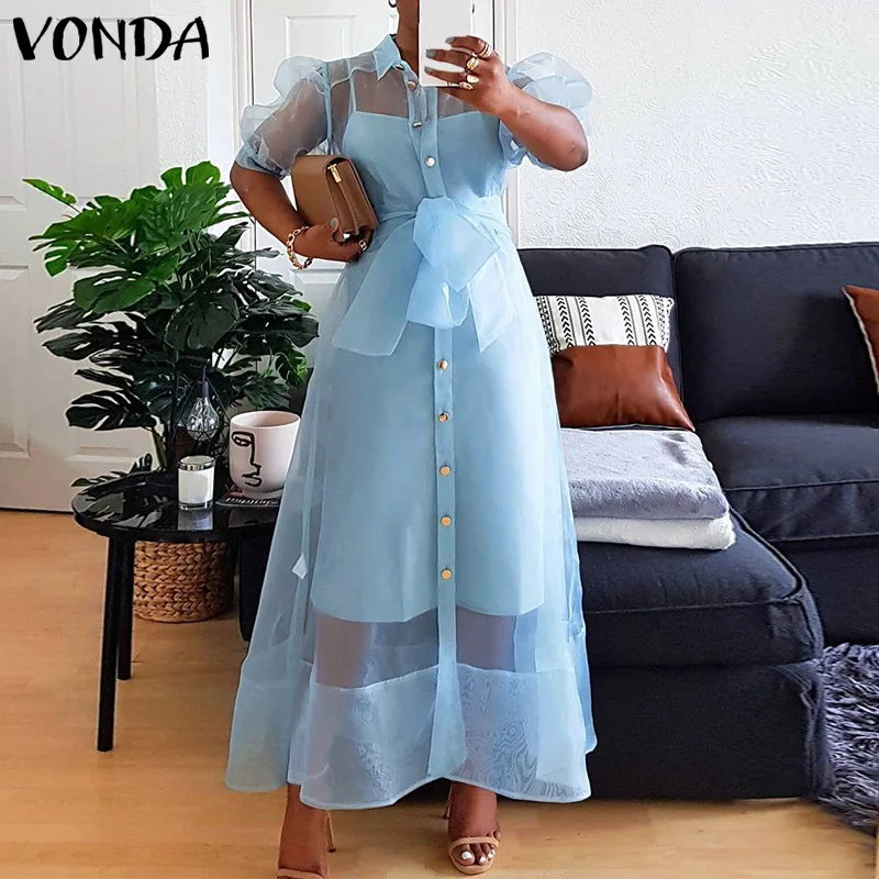 

VONDA 2021 Women Summer Pleated Puff Sleeve Long Maxi Dress Casual Lapel Collar Button Up Baggy Vestidos Loose Beach Sundress