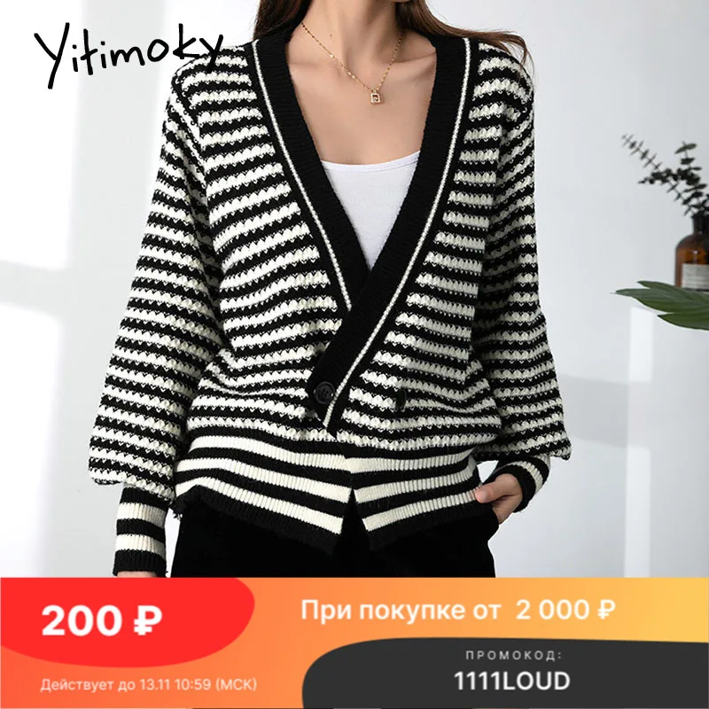 

Yitimoky полосатый кардиган оверсайз женский свитер с длинным рукавом вязаный винтажный осень 2021 черный зеленый серый Харадзюку Топы 2 пуговиц...
