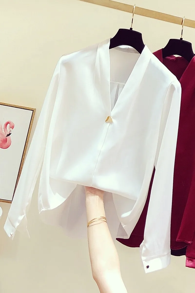 

2020 New Korea-style Autumn V Neck Solid Color Long Sleeve Women Shirts All-macth Office Lady Chiffon Blouses White