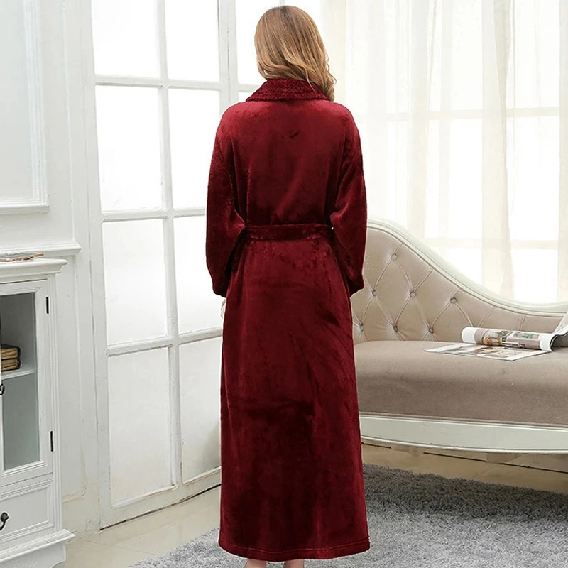 Women Men Thermal Luxury Flannel Extra Long Bath Robe Winter Sexy Grid Fur Bathrobe Warm Kimono Dressing Gown Bridesmaid Robes