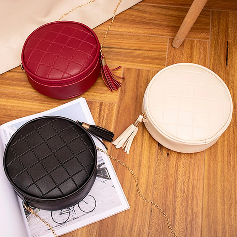 

Ladies Purses And Handbags Women Bags Small Round Handbag Leather Shoulder Bag Black Tote Tassel Chains Crossbody Bag For Women