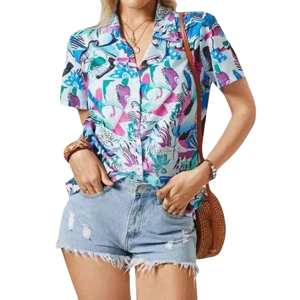 New Good Quality Factory Price Fashion Hot Selling Women's Multicolor Digital Printing Casual Short-Sleeved Lapel Shirt | Женская