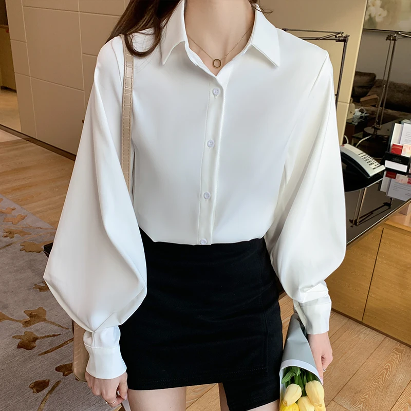 

Women's Shirt Chiffon Blouses for Women Long Sleeve Top Autumn Solid Button Up White V-neck Blouse Woman Office Lady Basic Shirt