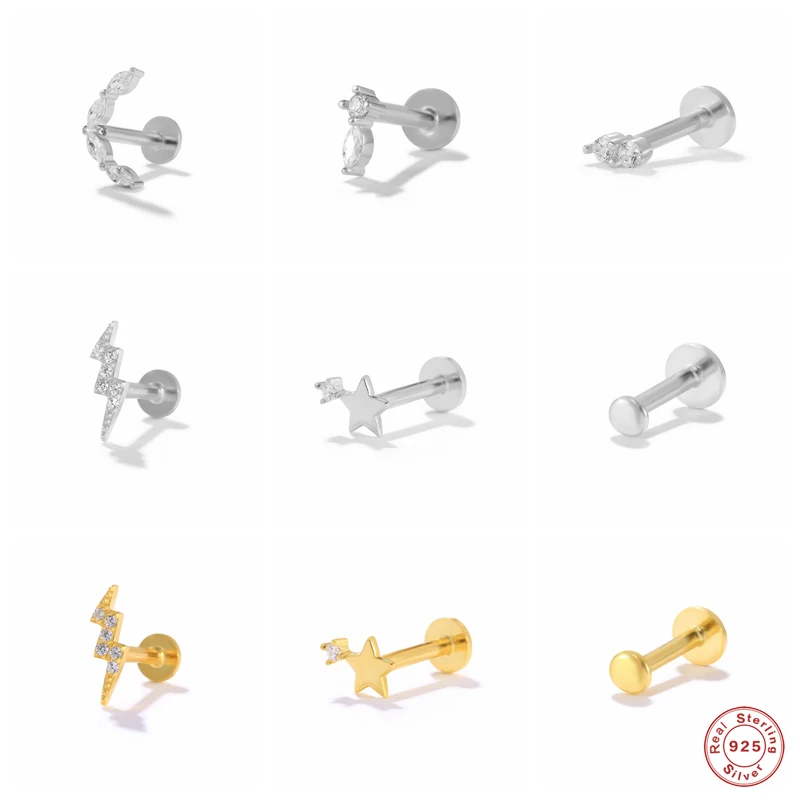 

GS 925 Sterling Silver Bar Hollow Star Stud Earrings Zircon Lightning Ear Piercing Helix Tragus Cartilage Conch Labret Jewelry