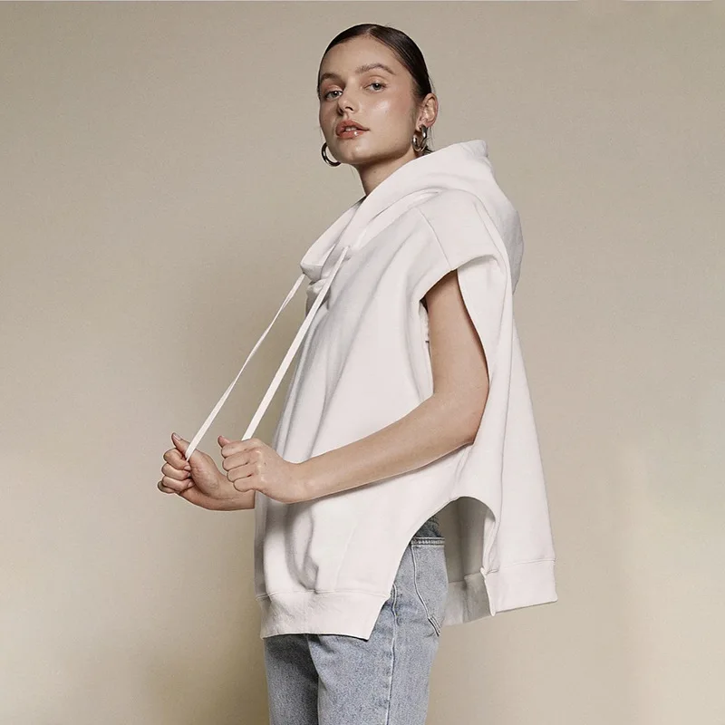 

Hoodies Women Sleeveless Cut Out Sweatshirt Street Style Solid Loose Casual White Tops Female Autumn Clothes