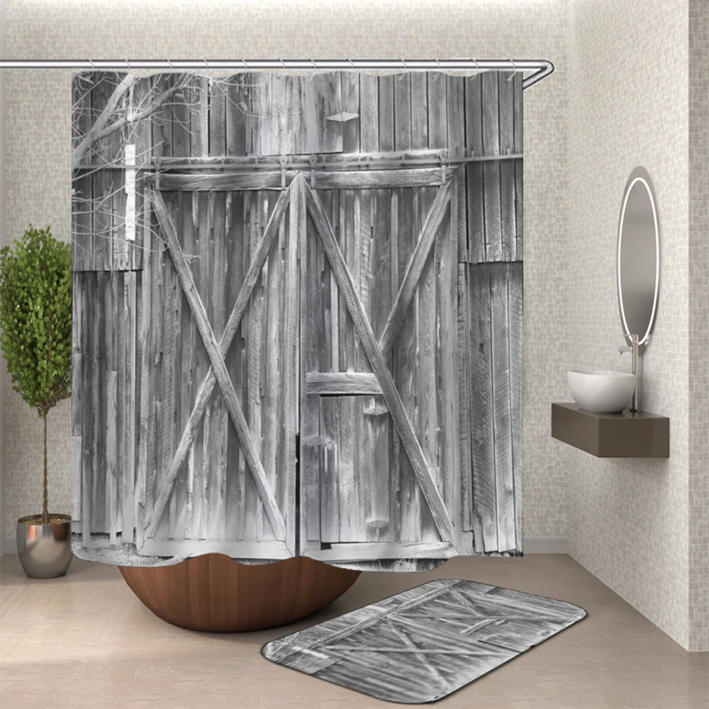 Деревянные двери с принтом занавески для душа коврик ног ванная комната