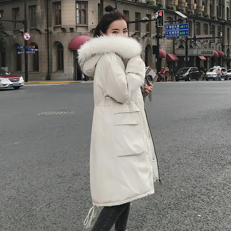 Tangada зимнее женское черное пальто с хлопковой подкладкой размера плюс 2XL длинная парка с меховым воротником пальто с капюшоном теплая верхняя одежда AMK11 - Цвет: Бежевый