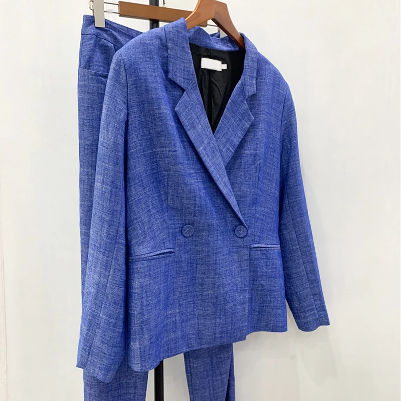 

Linen Blended Notched Collar Double-breasted Loose Blazer Women