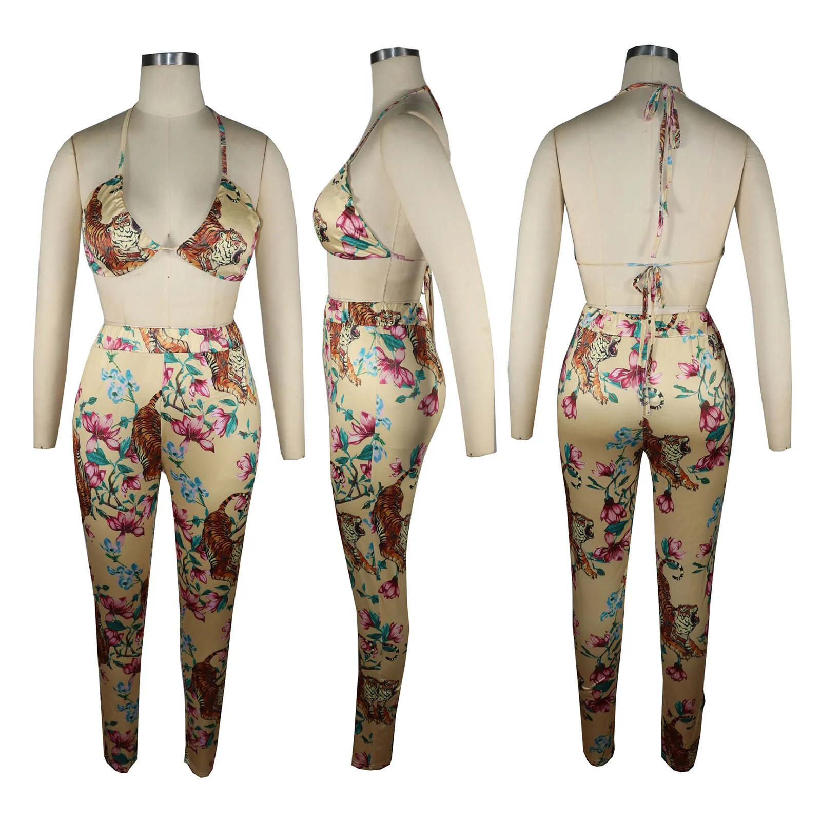 

Women Set Print Halter Bra Full Sleeve X-long Cloak Pencil Pants Two 2 Piece Sets Sexy Fashion Beachwear Summer Outfits