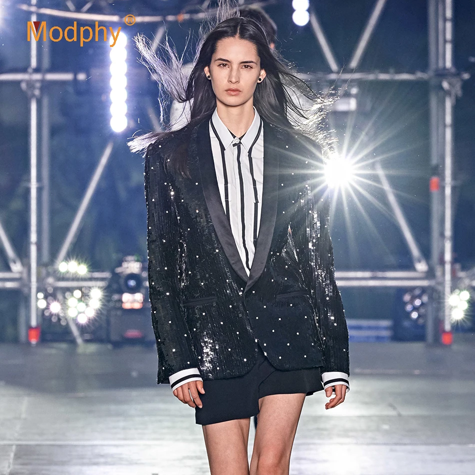 Весна 2020 новый женский костюм с Черными Блестками Modphy пикантный лацканами и