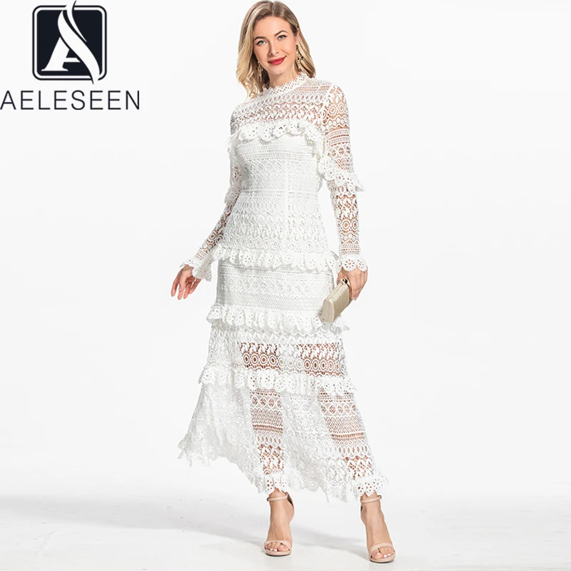 

AELESEEN Runway Fashion White Lace Dress Autumn Designer Ruffles Hollow Out Embroidery Wiht Lining Long Dresses Woman Summer