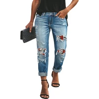 ladies skinny jeans ripped applique washed skeleton printed denim pants causal vintage high waist women new full pencil trousers