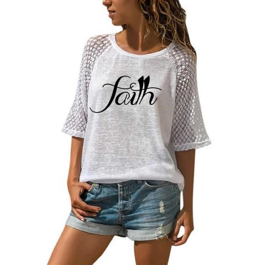 

Fashion Faith Letters Print Lace Crew Neck T-Shirt T-Shirt For Women Top T-Shirt Women Graphic Tees Women Streetwear Summer