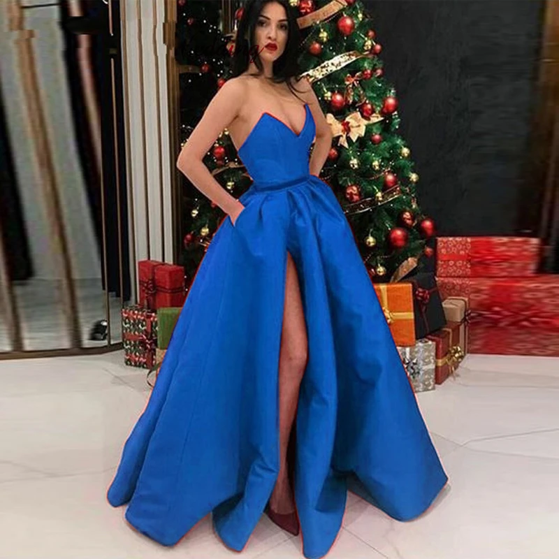 

Sexy Red Evening Dresses 2020 A-Line Sweetheart Satin Dubai Saudi Arabic High Spilt Long Evening Gown Prom Dress