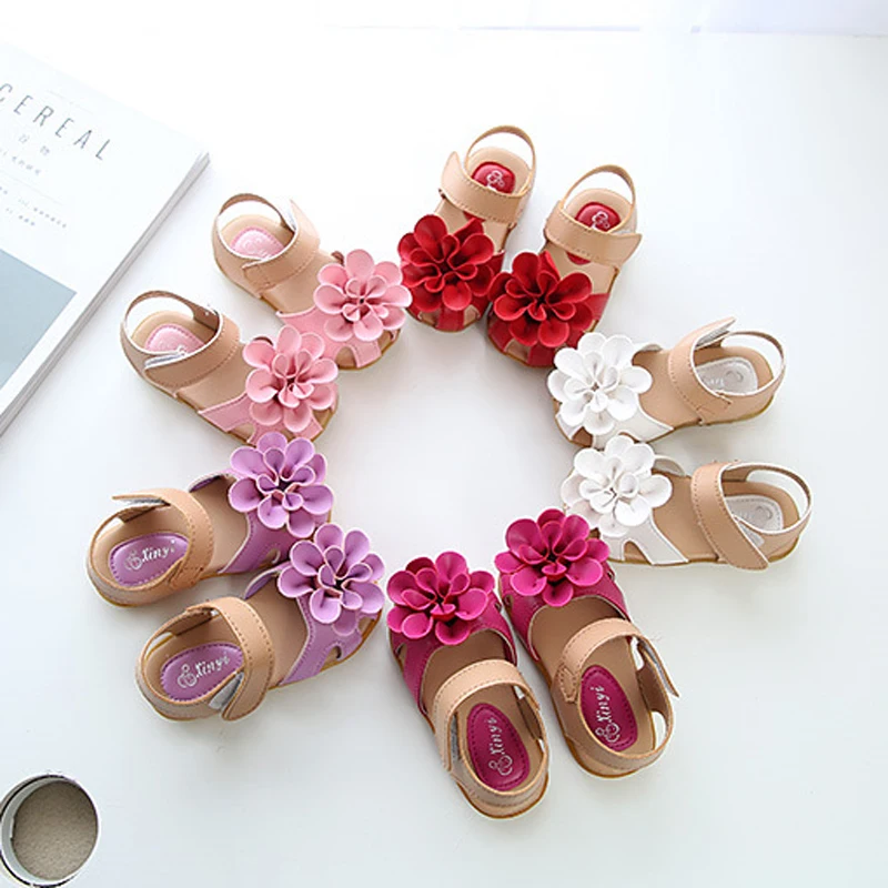 

Big flower featured toddler girl sandals assorted color kids girls flat sandals