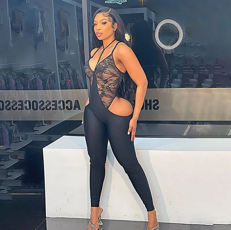 

Сексуальные кружевные облегающие комбинезоны с вырезами и лямкой на шее, Клубные костюмы для женщин 2021, модный черный цельный наряд, Прямая ...