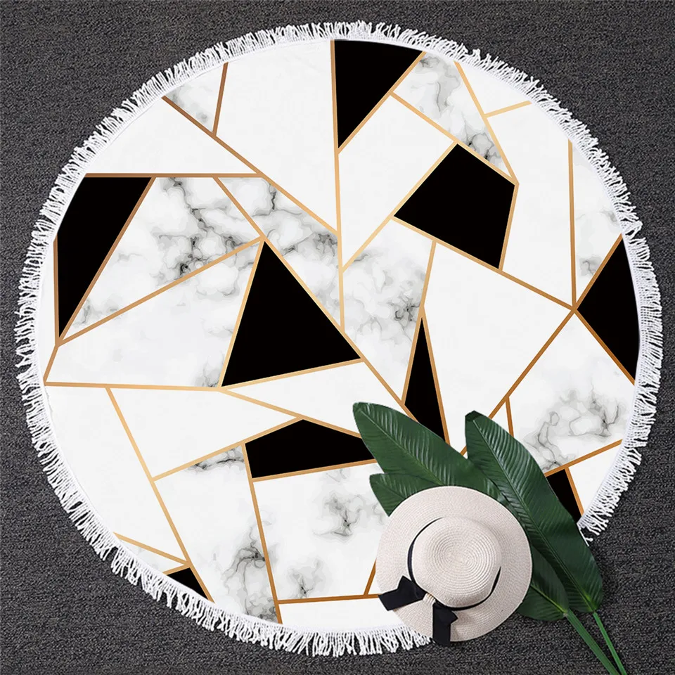 HM Life круглое пляжное полотенце с золотым геометрическим принтом черно белое