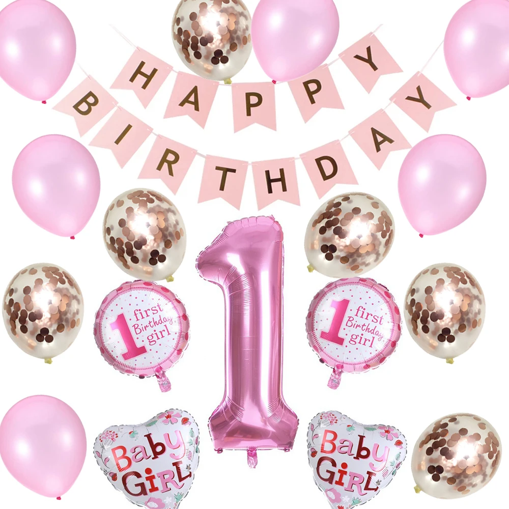 

Baby Girl Pink Rose Gold Theme Birthday Party Favor Decorations Happy Birthday Banner Foil Number 1 Latex and Foil Balloons set