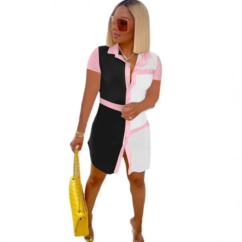 

African Shirt Dresses For Women Single Breasted Turn Down Collar Gowns Fashion Colors Patchwork Streetwear African Short Dress