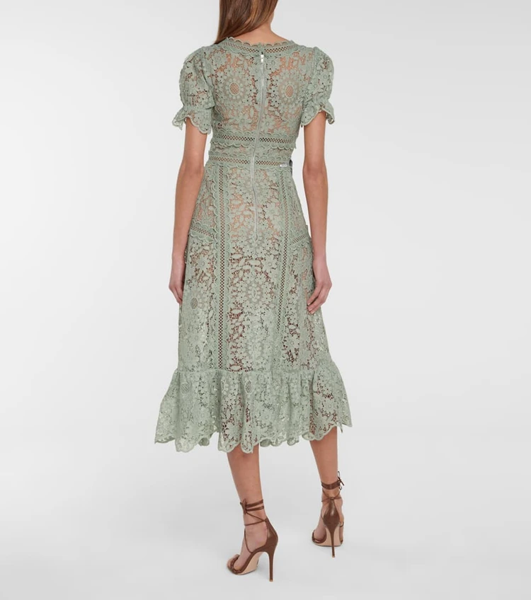 

Runway Dress New Arrival 2021 Women Hollow Out Puff Sleeve Sexy Floral Lace Long A Line Midi Dress White Party Dress