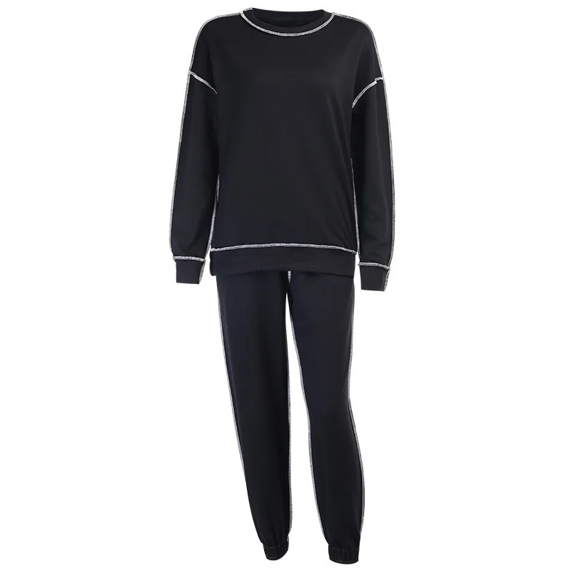 

Autumn And Winter Long-Sleeved Top Two-Piece Pants Suit Spring Women's Sportswear O-Neck Sweater Line Stitching Trousers Female