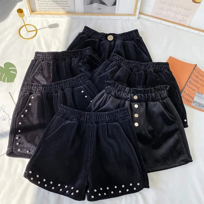 Winter Warm Woolen Velvet Black Shorts Women 2021 Spring Sexy Loose Thick Elastic Waist Boots Shorts Wide Leg A-line Hot Shorts