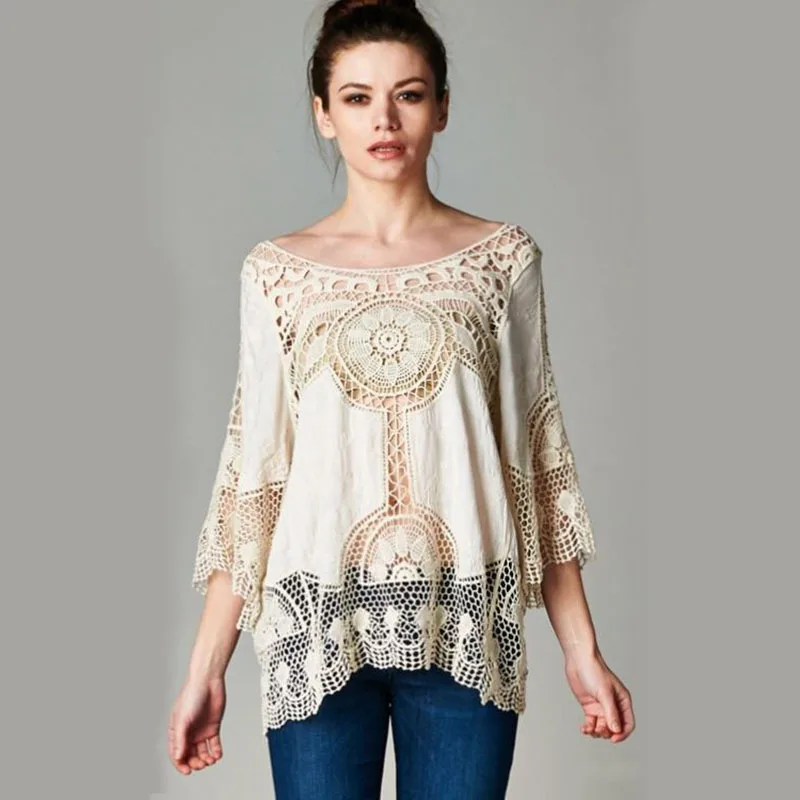 Женская кружевная ажурная Повседневная модная белая рубашка с коротким